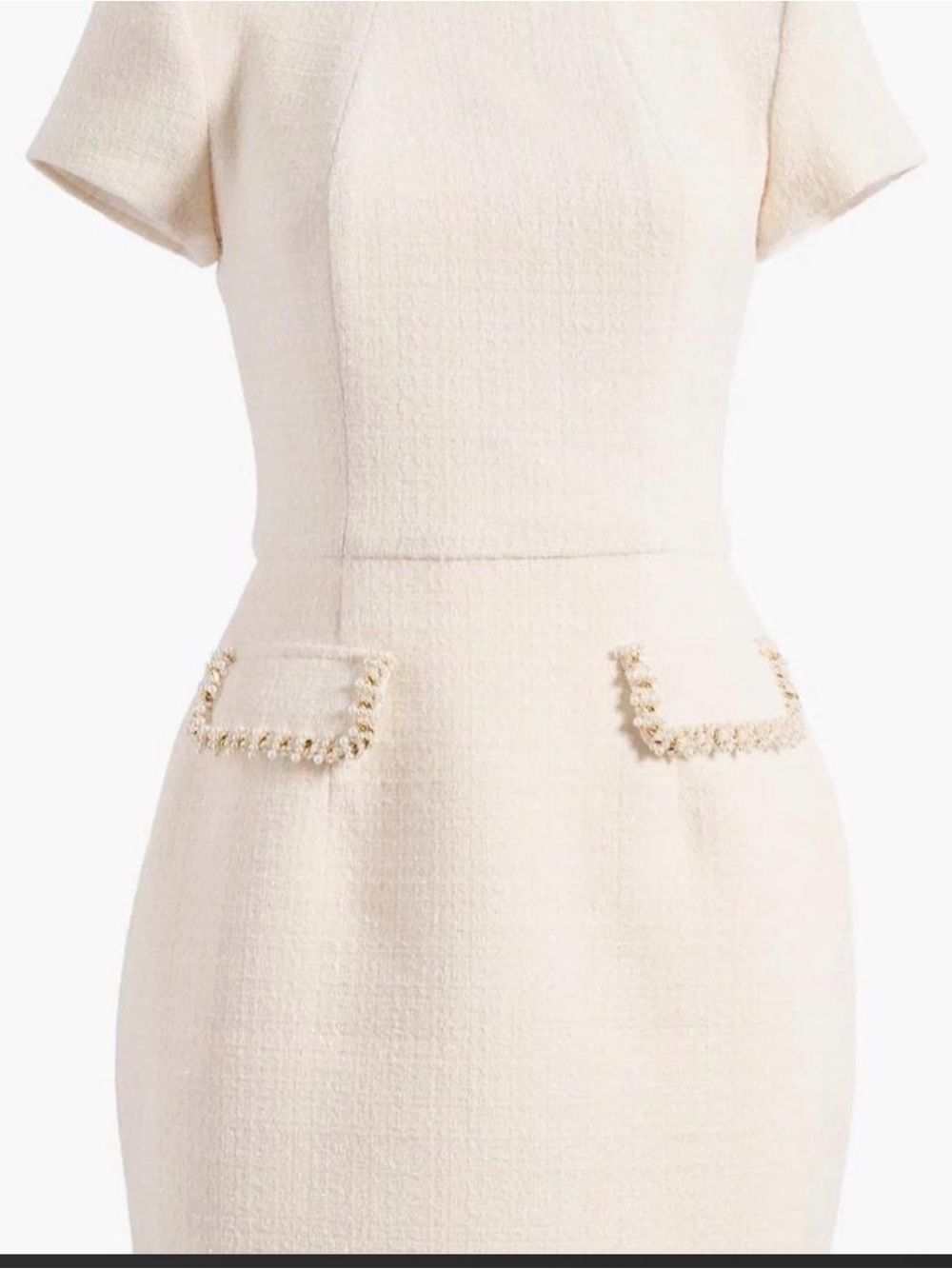 NADINE MERABI Ivory Tweed Midi Dress with Pearl Trim - Picture 2 of 7